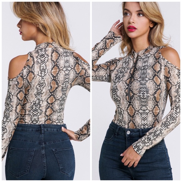 Snakeskin Cold Shoulder Bodysuit - Picture 2 of 8